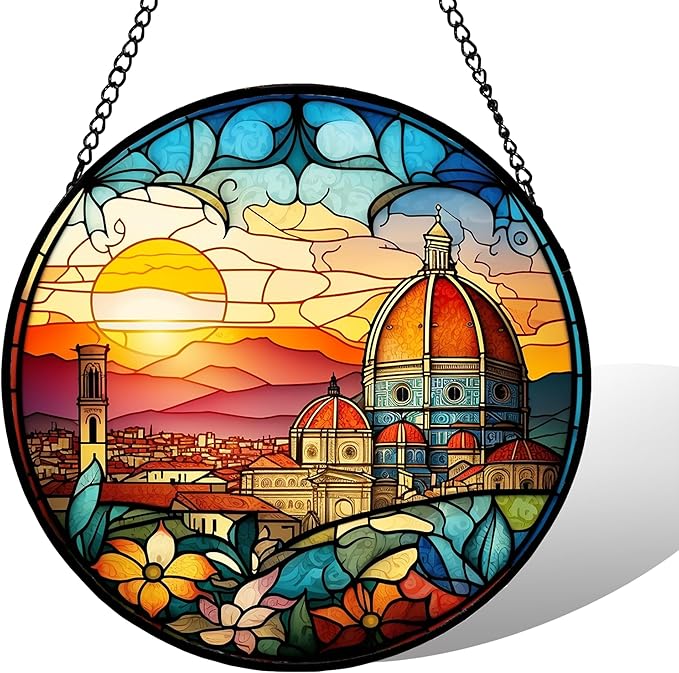 7.88'' Stained Glass Window Hanging, Church Sunset Suncatcher Stained Glass Panel with Hook Chain for Window, Religious Sun Catchers Decor Mother's Day Birthday for Women, Men, Wife, Aunt, and Mom