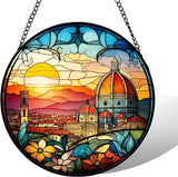 7.88'' Stained Glass Window Hanging, Church Sunset Suncatcher Stained Glass Panel with Hook Chain for Window, Religious Sun Catchers Decor Mother's Day Birthday for Women, Men, Wife, Aunt, and Mom