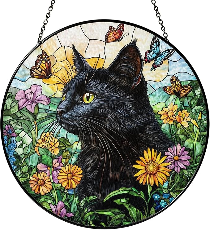 Black Cat Stained Glass Suncatcher – Floral Pet Memorial Window Hanging Decor, Sympathy Gift for Cat Owners, Home & Garden Decoration, Birthday, Christmas, for Women, Friends