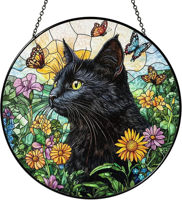 Black Cat Stained Glass Suncatcher – Floral Pet Memorial Window Hanging Decor, Sympathy Gift for Cat Owners, Home & Garden Decoration, Birthday, Christmas, for Women, Friends