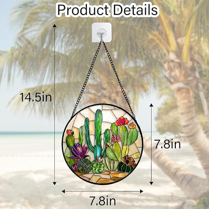 DASTOLL Stained Glass Window Hanging, White Green Cactus Suncatcher Diamond Glass Panel Hangings Sun Catchers Decor for Birthday for Women, Men, Wife, Aunt, and Mom 7.8 in