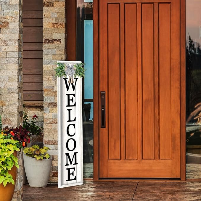 flowtorely Outdoor Welcome Sign for Front Porch Standing 45"×9" Tall Vertical Wood Frame Front Door Long Leaner farmhouse Outside Rustic Large Welcome Signs Vintage Home Decorations (White)