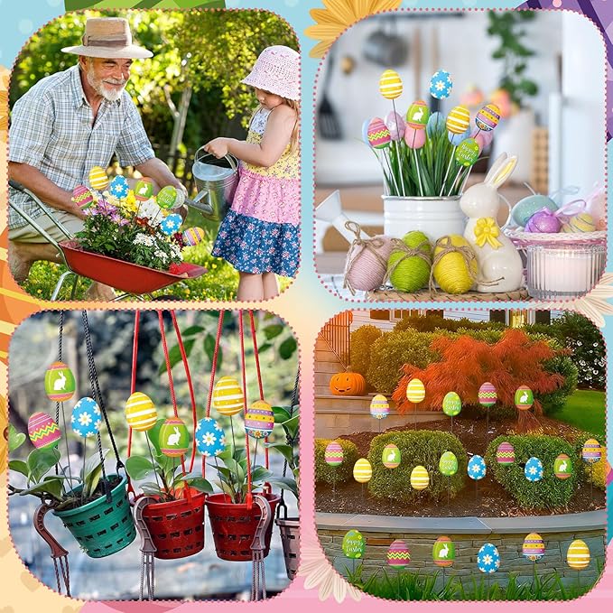 Shimeyao 6 Pcs Metal Easter Egg Garden Stakes Happy Easter Metal Garden Signs Colorful Egg Bunny Yard Stakes Outdoor Decor for Home Lawn Porch Holiday Front Backyard
