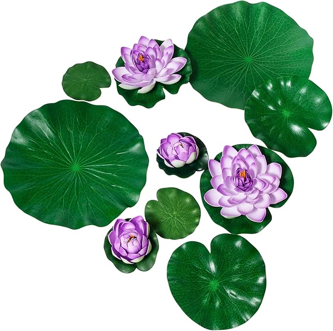 Fake Lily Pads, 10 PCS Artificial Lotus with Water Lily Pad, Realistic Water Floating Foam Lotuses Pads, Purple Artificial Floating Lotus Decor with Pad for Home Outdoor Ponds