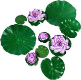 Fake Lily Pads, 10 PCS Artificial Lotus with Water Lily Pad, Realistic Water Floating Foam Lotuses Pads, Purple Artificial Floating Lotus Decor with Pad for Home Outdoor Ponds