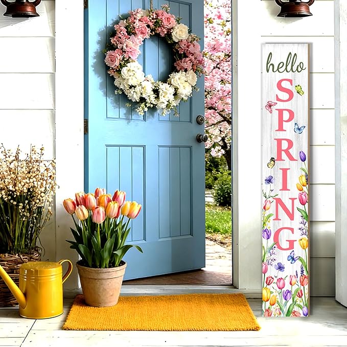 Hello Spring Porch Sign, Flower Butterfly Sign for Front Porch, Pink Tulip Wooden Sign Yard, Vertical Wood Sign Standing for Patio Front Door Porch, Farmhouse Holiday Home Party Entryway Yard Wall Decor Indoor Outdoor, 47x8 inch