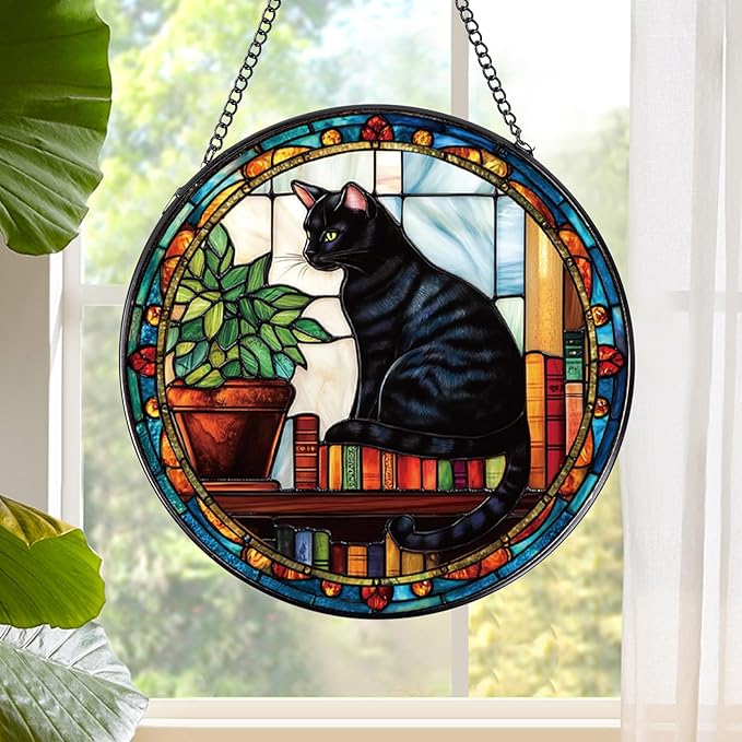 Rngmsi Black Cat Stained Glass Window Hanging Gifts for Women, 7.8″ Book Suncatchers for Indoor Window Decor, Decorative Sun Catchers Home Wall Art Gift for Thanksgiving Christmas Housewarming