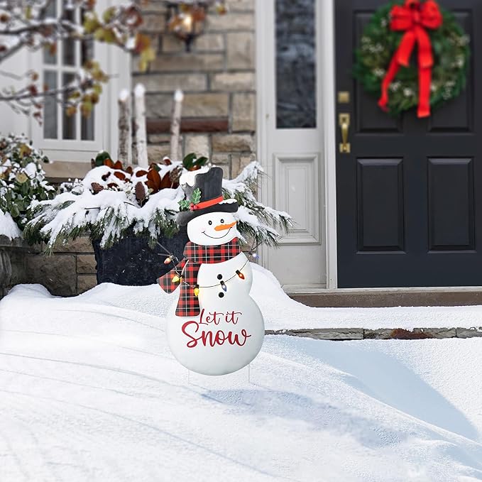 Glitzhome Lighted Metal Christmas Snowman Yard Stake with Colorful Strawberry Bulbs, 36" H Let it Snow Outdoor Decor, Iron Snowman Sign for Holiday Lawn & Garden