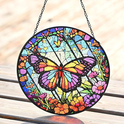 Stained Glass Window Hanging - Butterfly and Floral Suncatcher Handmade Decorative Glass Art Panel Sun Catcher for Windows, Home, and Garden, Indoor & Outdoor Decoration