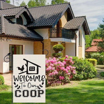 Black Chicken Welcome to Our Coop Garden Flag Farmhouse Yard Flag 12x18 Inch Double Sided Small Mini Yard Outdoor Outside Decoration