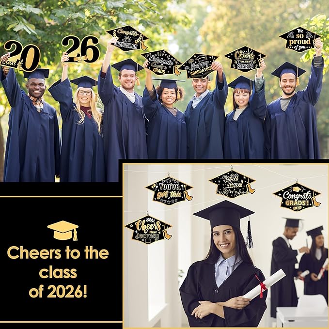 16 Pieces 2026 Graduation Yard Signs Plastic Congrats Grad Decor with 32 Stake and Ribbon Graduate Cap Hanging Yard Sign for Party Outdoor Lawn Pathway Walkway Decorations(Black and Gold)