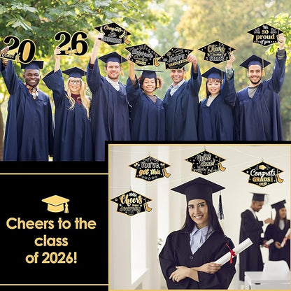 16 Pieces 2026 Graduation Yard Signs Plastic Congrats Grad Decor with 32 Stake and Ribbon Graduate Cap Hanging Yard Sign for Party Outdoor Lawn Pathway Walkway Decorations(Black and Gold)