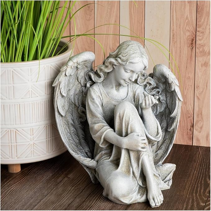 Hobby Lobby Sitting Angel Garden Statue with Bird, 11 inch Height, Indoor Outdoor Resin Sculpture, Gray, Spring, Summer