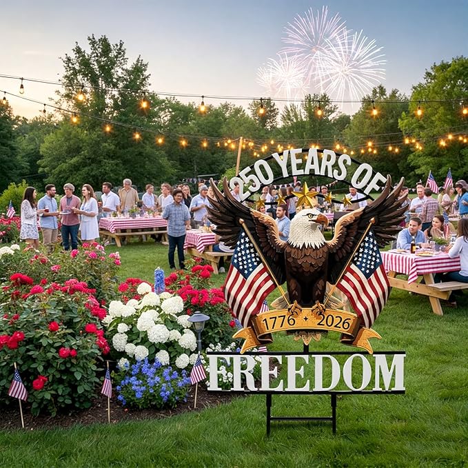 Fumete 250 Anniversary America Garden Stake 4th of July Decorations Outdoor Patriotic Independence Memorial Day Eagle Metal Stake 250th Anniversary USA 1776-2026 Yard Sign for Outside Lawn 18.9”x11.4”