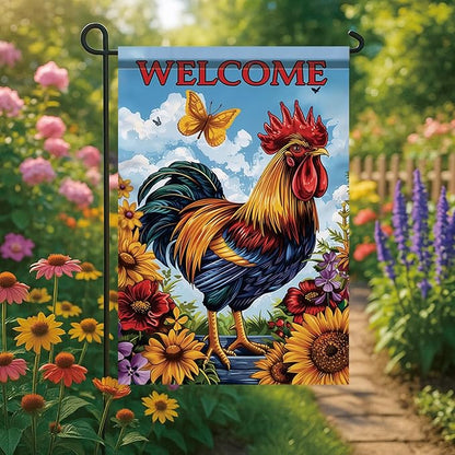 Spring Summer Garden Flag 12x18 Inch Colorful Rooster Welcome Floral Farm Animal Design Outdoor Yard Porch Lawn Garden for Seasonal Farmhouse Country Home Decor