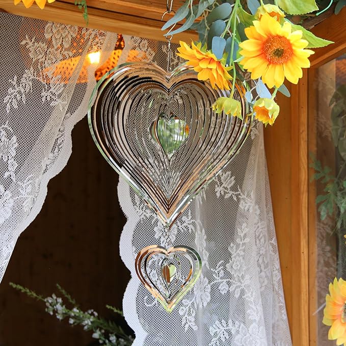 Phuryllic Wind Spinners Outdoor, Garden Decor, Bird Deterrents for Outside, 3D Metal Yard Decorations for Patio & Porch, Unique Gardening Gifts for Women & Moms - 2pcs Silver Heart