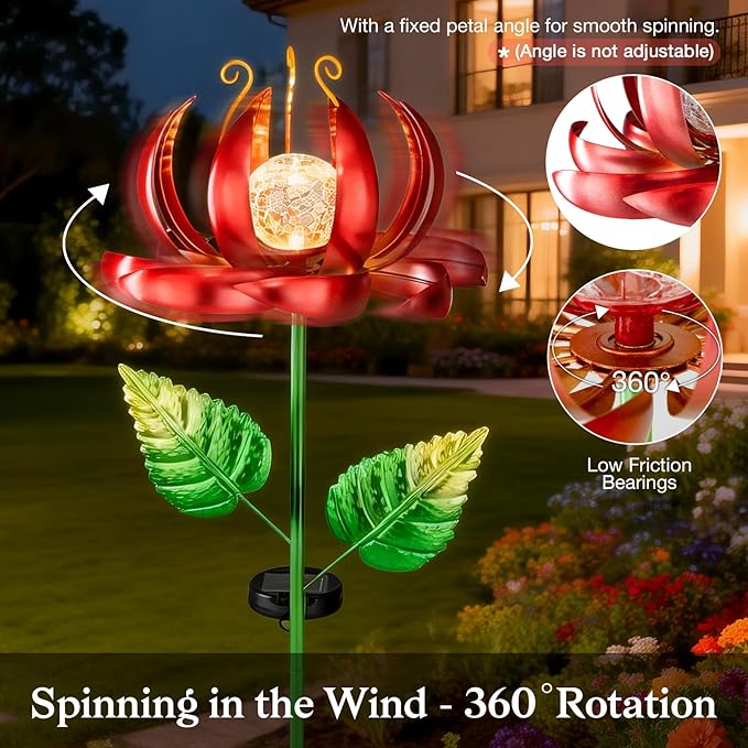 Solar Yard Lights Wind Spinners- Metal Lotus Flower Garden Decor LED Crackle Glass Globe Yard Art Sculpture Solar Stake Lights for Patio Pathway Lawn Walkway (Red-Large)