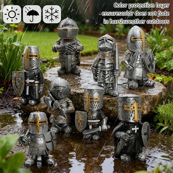 Knight Gnomes Guard Garden Statues 2021 Christmas Guardians Gnomes, Renaissance Medieval Cross Templar Crusader Figurine, Armor Miniature European Knights Sculpture for Yard Lawn Art Decor (8 pcs)
