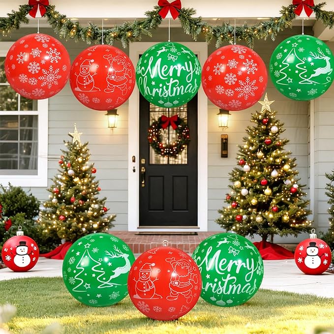 8 PCS 16 Inch Christmas Inflatable Balls Outdoor Inflatable Christmas Ball Ornaments for Xmas Garden Lawn Yard Holiday Front Door Window Decoration