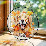 Personalized Pet Portrait Stained Glass Crystal Suncatcher, Dog & Cat Fall Pumpkin Decor, Autumn Maple Leaf Thanksgiving Decorations, Dog Lover Gift for Women, Memorial Gifts for Cat Mom