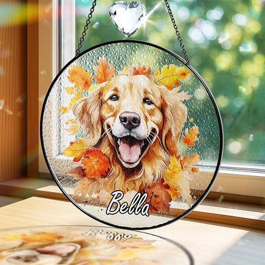 Personalized Pet Portrait Stained Glass Crystal Suncatcher, Dog & Cat Fall Pumpkin Decor, Autumn Maple Leaf Thanksgiving Decorations, Dog Lover Gift for Women, Memorial Gifts for Cat Mom