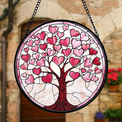 DASTOLL Stained Glass Window Hanging, Valentine's Day Gifts Pink Love Heart Tree Suncatcher Hangings Beige Sun Catchers Decor for Birthday for Women, Men, Wife, Aunt, Mom 6.3 in