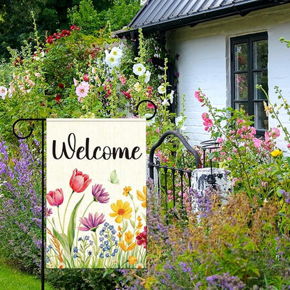 Spring Floral Welcome Garden Flag for Outside,Welcome Spring Yard Flag for Lawn Porch Flags for Outdoor Decorations 12x18 Inch Double Sided