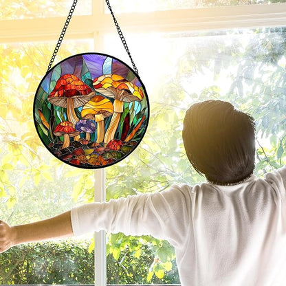 DASTOLL Stained Glass Window Hanging, Jungle Mushrooms Sun Catchers Diamond Glass Panel Hangings Plant Suncatcher Decor for Birthday for Women,Men, Wife, Aunt,and Mom 6.3X6.3 in