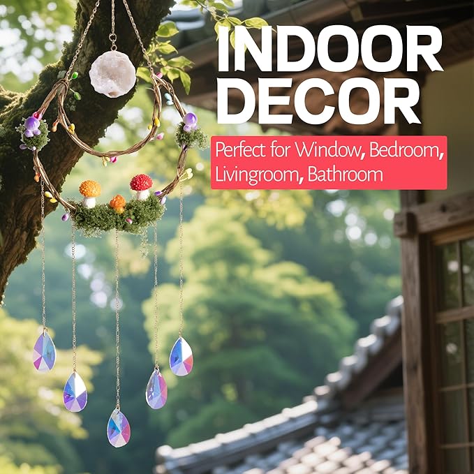 Mushroom Sun Catcher for Window Garden Decor - Mushroom Home Decor Piece with Healing Amethyst Metal Crystal Hanging Indoor Suncatcher Outdoor Wall Rainbow Maker Perfect Handmade Ornaments for House