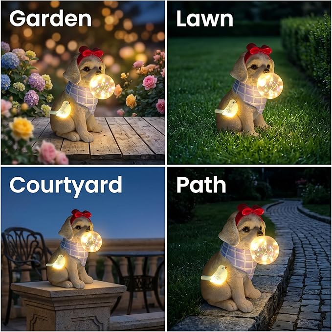 Solar Garden Dog Statue, Detachable Ground Stake, Light Brown Resin Labrador Puppy with LED Bubble and Bird, Waterproof Yard Decor for Patio, Lawn, Porch, Pathway, and Gift Giving
