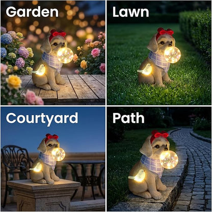 Solar Garden Dog Statue, Detachable Ground Stake, Light Brown Resin Labrador Puppy with LED Bubble and Bird, Waterproof Yard Decor for Patio, Lawn, Porch, Pathway, and Gift Giving