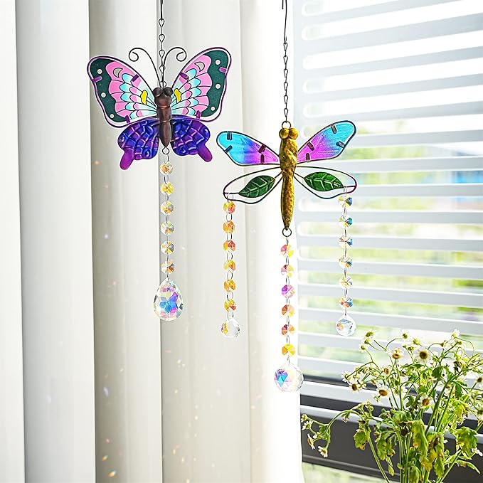 YU FENG Set 2 Suncatchers with Crystals,Stained Glass Butterfly Dragonfly Sun Catchers Window Garden Hanging Decoration Ornament,Prism Rainbow Maker Pendant Ornament for Christmas Tree