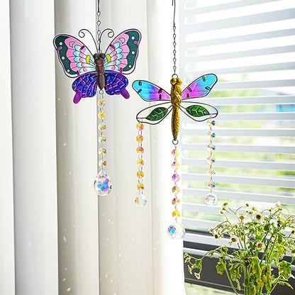 YU FENG Set 2 Suncatchers with Crystals,Stained Glass Butterfly Dragonfly Sun Catchers Window Garden Hanging Decoration Ornament,Prism Rainbow Maker Pendant Ornament for Christmas Tree