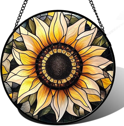 Stained Glass Window Hanging - Sunflower Suncatcher for Door Garden Patio Retro Flower Sun Catchers Decor Christmas Mother's Day Birthday Gifts for Women Mom Nana Friend Wife 11.8 in