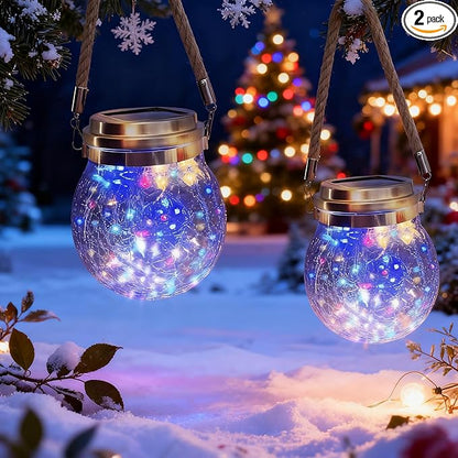 Hang Outdoor Solar Lights Waterproof, 2 Pack 30LED Cracked Glass Ball Decorative Lanterns, Solar Powered Landscape with Handle for Yard Patio Fence House Holiday Decor, Birthday Gift for Women