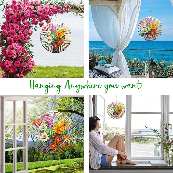 3D Flower Wind Spinner 10 Inch Garden Wind Spinners with Flower Designs for Yard Stainless Steel Flower Spinner with Unique Visual Effect Hanging Flower Wind Sculptures Garden Decor Gift