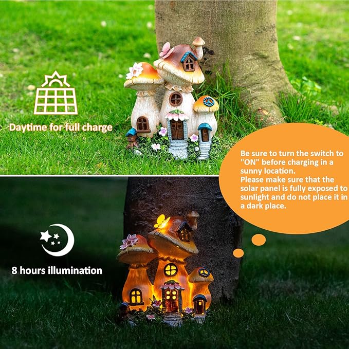 Candieslife Solar Garden Statue Lights Mushroom Mothers Day Decorations Fairy House Figurine Lights, Outdoor Memorial Garden Ornaments Waterproof Decoration for Outside Patio Yard Lawn Decor