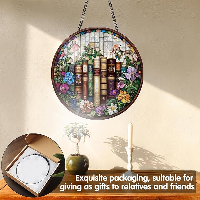 VAIIEYO Book Sun Catcher Stained Glass Window Hanging Ornament, Handmade Sun Catcher Flower Decoration with Hooks for Window Garden Home, Birthday Housewarming Gift 7.8 inch