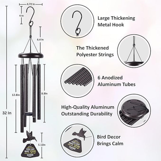 Wind Chimes for Outside – Memorial Wind Chimes 32" for Loss of Loved One with Hummingbird Spinner, Bereavement & Sympathy Gift, Soothing Tones, Bronze Finish