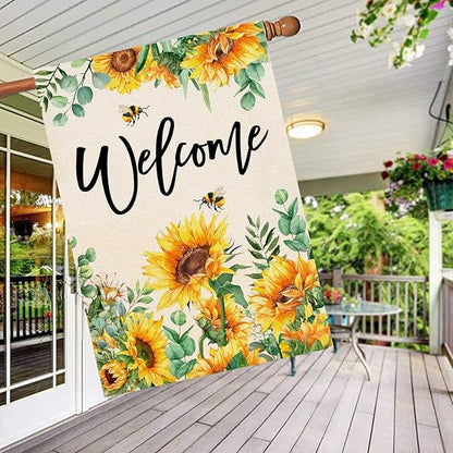 Baccessor Spring House Flag Sunflower Bee Eucalyptus Leaves Welcome Flag 28 x 40 Inch Double Sided Burlap Yard Large Spring Summer Outside Decor