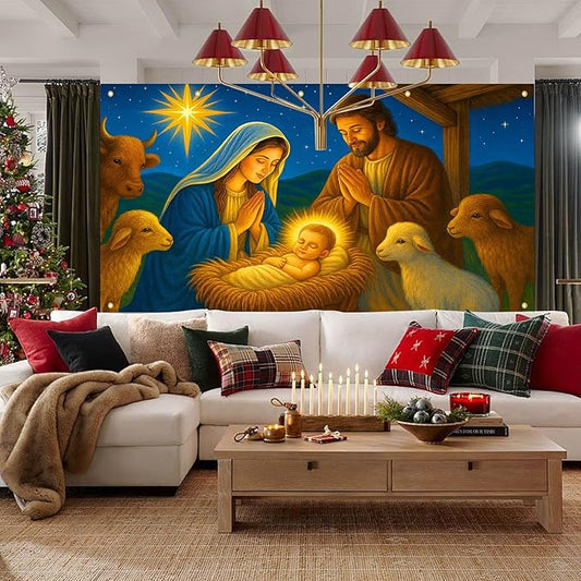 HOMETITUTE Christmas Garage Door Banner 13x6ft Nativity Scene Holy Family Star Backdrop Banners for Outside Indoor Winter Door Cover Garage Wall Covering for Party Garage Decorations
