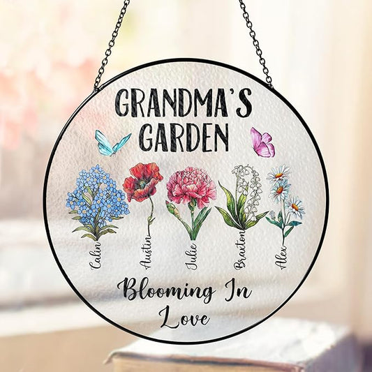 Personalized Grandma’s Garden Stained Glass Window Hanging Ornament, Custom Birth Month Flowers with Kids’ Names, Grandma Love Grows Here Floral Art, for Mom Grandma