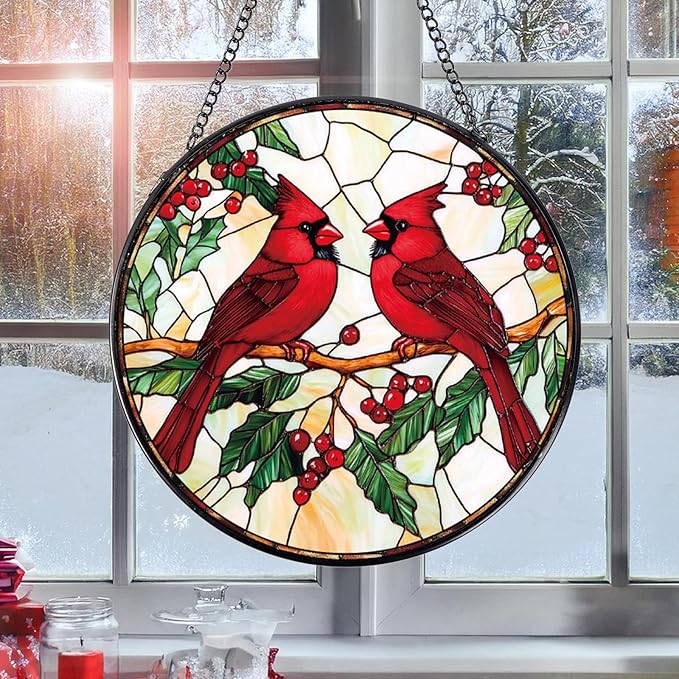 Cardinal Stained Glass Window Hanging, Cardinal Sun Catchers Indoor Window Gifts for Women Mother's Day, Wall Art SunCatchers Decor Gift for Home Garden Doors Christmas