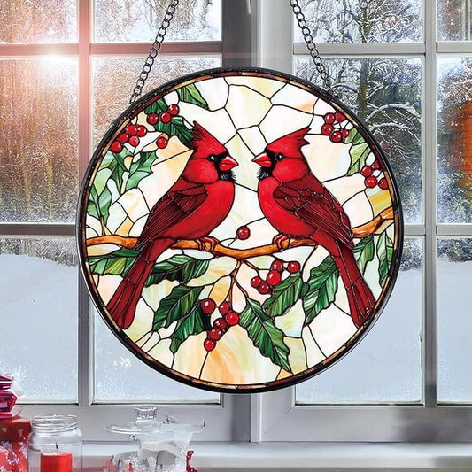 Cardinal Stained Glass Window Hanging, Cardinal Sun Catchers Indoor Window Gifts for Women Mother's Day, Wall Art SunCatchers Decor Gift for Home Garden Doors Christmas