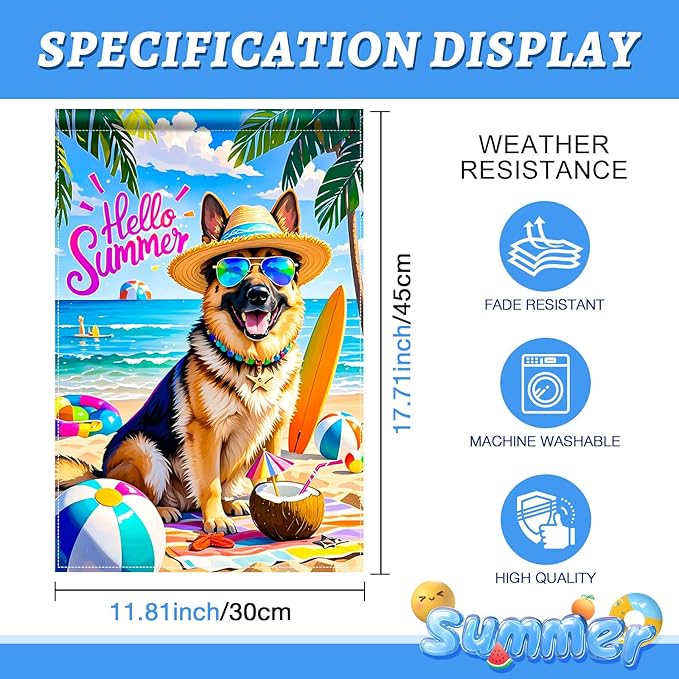 HOMETITUTE Hello Summer Beach Garden Flag German Shepherd Dog Tropical Beach Flag 12x18 Inch Double Sided Yard Small Summer Flag For Outside Holiday Seasonal Outdoor
