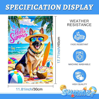 HOMETITUTE Hello Summer Beach Garden Flag German Shepherd Dog Tropical Beach Flag 12x18 Inch Double Sided Yard Small Summer Flag For Outside Holiday Seasonal Outdoor