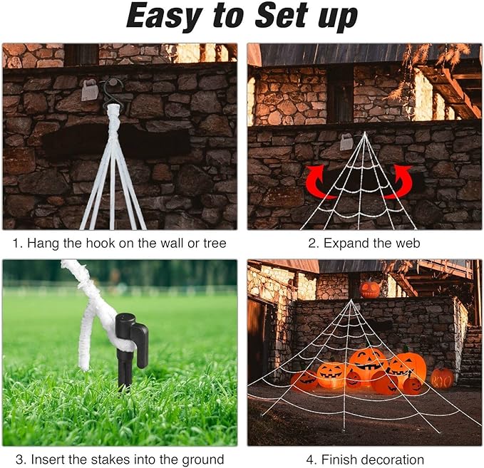 Halloween Spider Web Decoration 16ft + Giant Spider 35" Black + Stretchy Dense Spider Silk Rope and 2 Small Spiders Triangular Huge Spider Web for Indoor/Outdoor