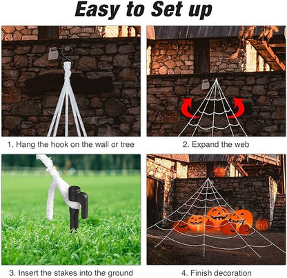 Halloween Spider Web Decoration 16ft + Giant Spider 35" Black + Stretchy Dense Spider Silk Rope and 2 Small Spiders Triangular Huge Spider Web for Indoor/Outdoor