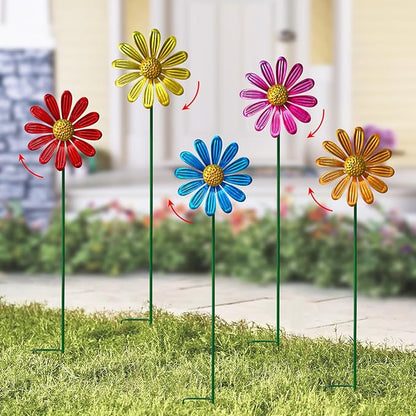 Wind Spinners Garden Decor,5 Pack Colorful Daisy Garden Stakes for Outdoor Decorations,Metal Wind Spinner Yard Stake for Patio,Lawn