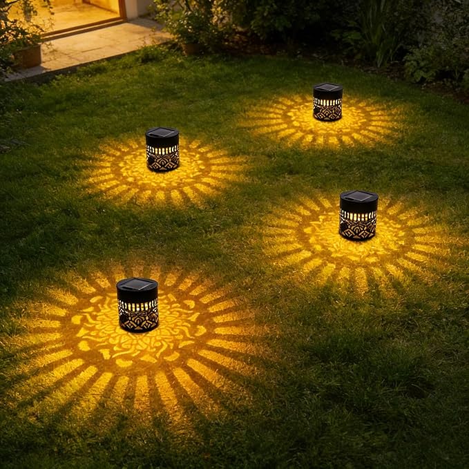 Decorative Solar Mandala Lights - Outdoor Metal Solar Powered Deck Step Wall Lights, Mandala Theme Waterproof Fence Mini Light for Garden Post Patio Backyard Yard Decor (Black, Yellow)
